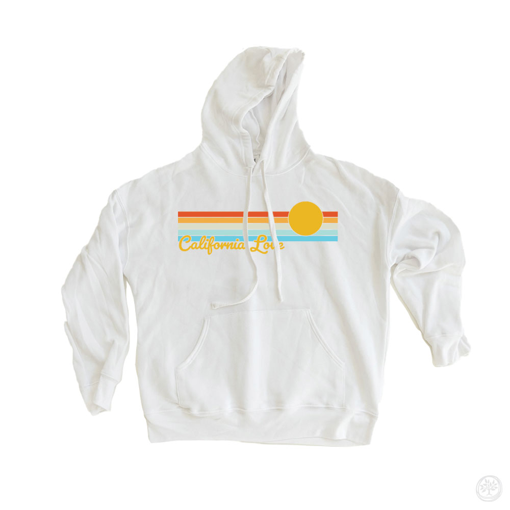 White hoodie featuring retro sunset stripes in orange, yellow, and blue with bold yellow sun graphic and cursive text reading “California Love” – vintage-style design celebrating West Coast vibes and laid-back lifestyle.