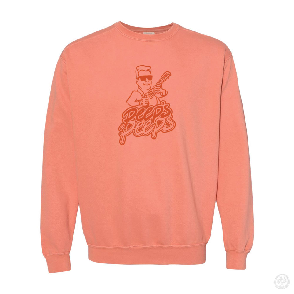 Coral crewneck sweatshirt with monochromatic cartoon of man with guitar wearing sunglasses and text reading “Peep’s Peeps” – custom support apparel for community or medical journey.