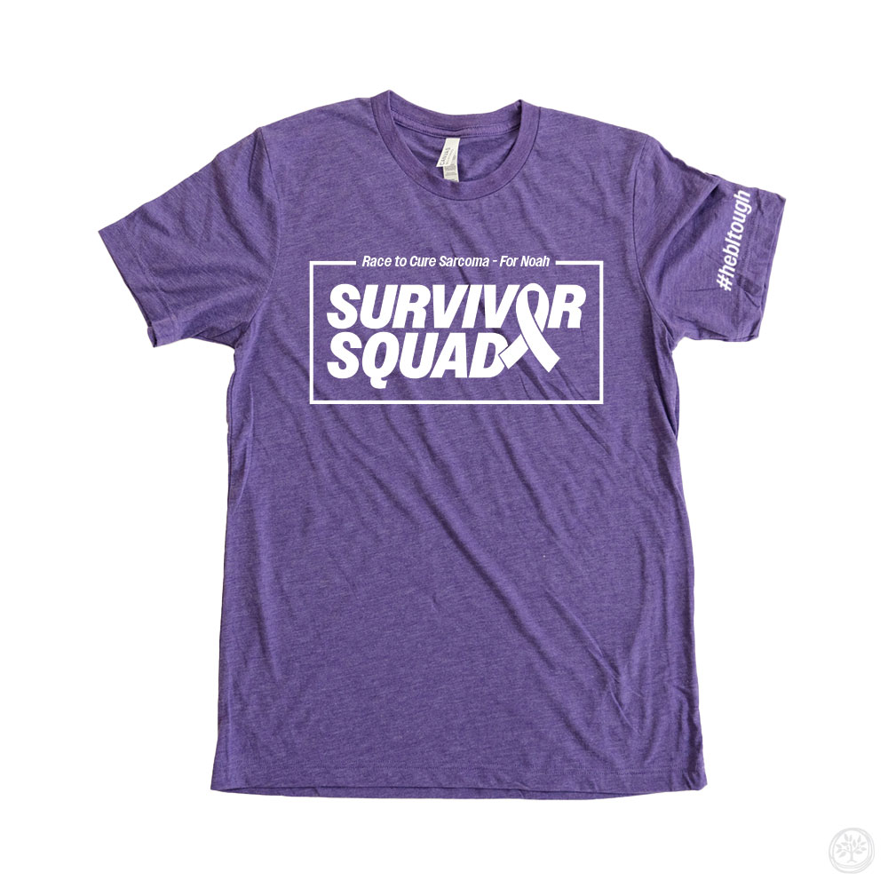 Heather purple shirt with bold white boxed text reading “Survivor Squad – Race to Cure Sarcoma – For Noah” and hashtag cancer awareness shirt for sarcoma survivors.