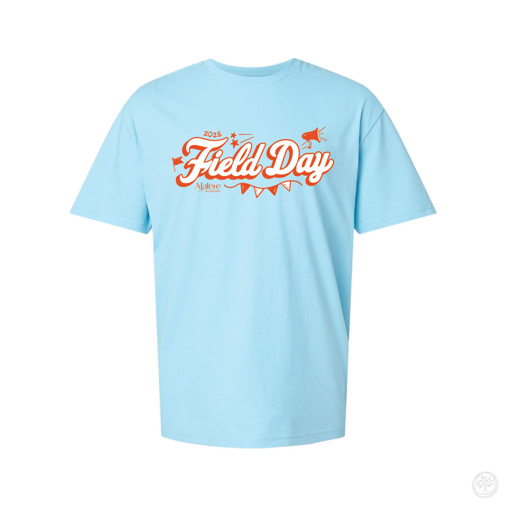 Field Day Tee (Light Blue) Alt Text: Light blue t-shirt with playful red and white graphics that read “2025 Field Day” along with mini banners, stars, and a megaphone.