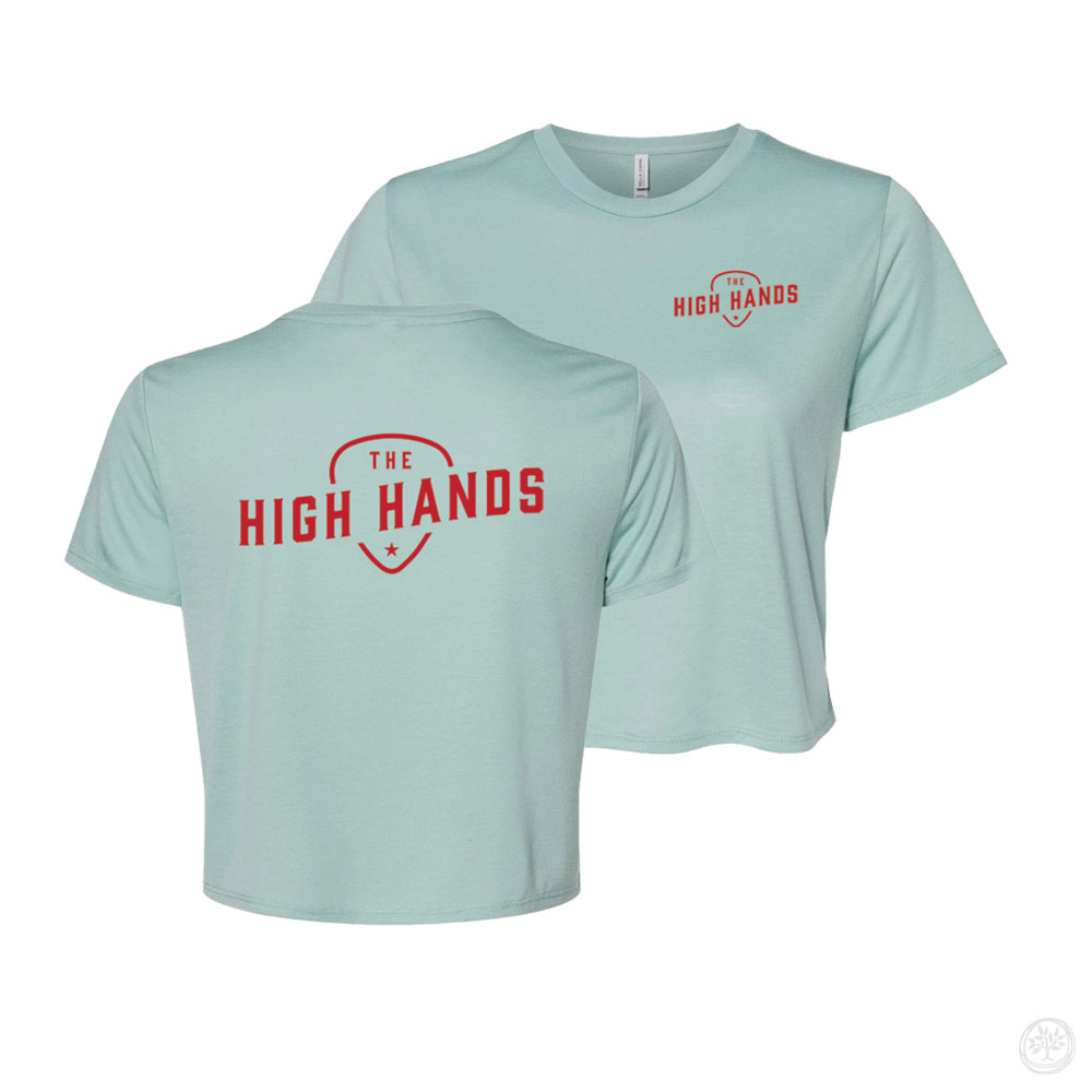 High Hands Tee (Seafoam Green) Alt Text: Seafoam green cropped t-shirt with front and back print reading “The High Hands” in bold red athletic lettering with a subtle shield outline, custom band merch.