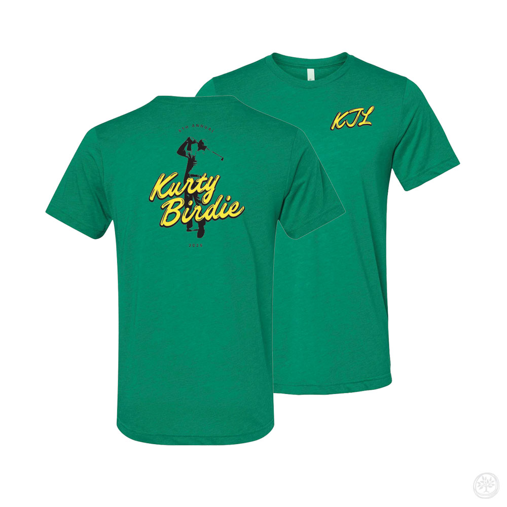 Kurty Birdie Tee (Green) Alt Text: Green t-shirt with both front and back prints. Back feature