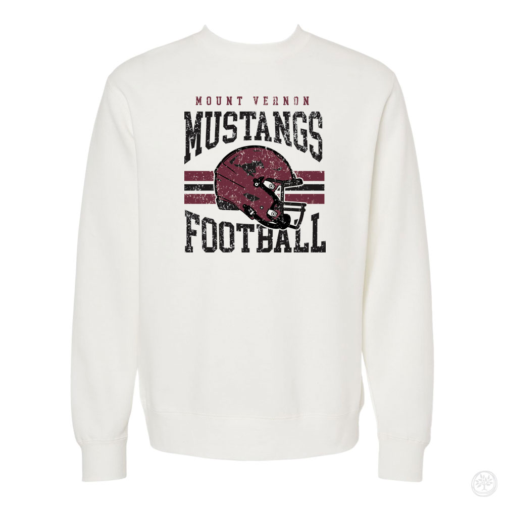 Mount Vernon Mustangs Football Crewneck (White) Alt Text: White crewneck sweatshirt with a maroon football helmet graphic and distressed lettering that reads “Mount Vernon Mustangs Football.”