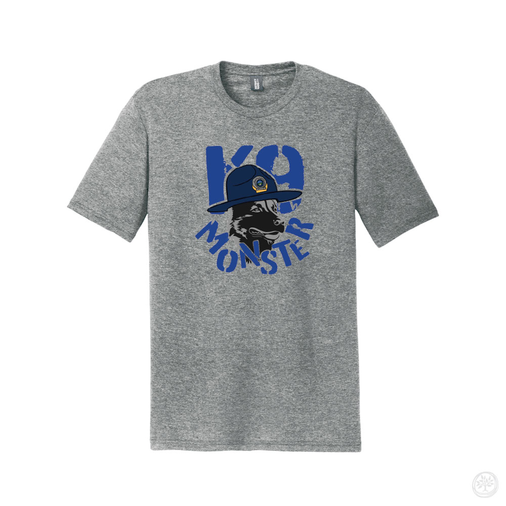 K9 Monster Tee (Heather Gray) Alt Text: Heather gray t-shirt with a bold blue and black graphic of a K9 dog in a police hat, with the text “K9 Monster” underneath.