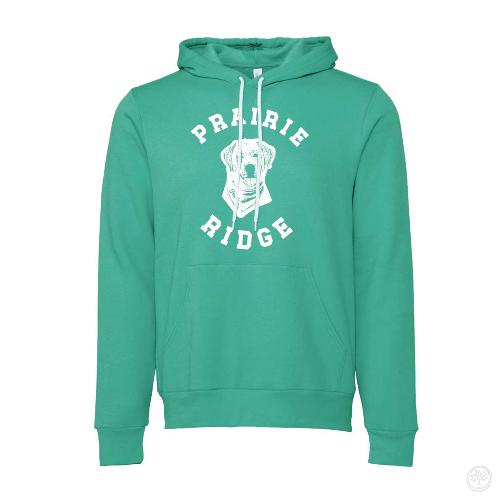 Prairie Ridge Hoodie (Teal) Alt Text: kelly green hoodie with a front pouch pocket and bold white text reading “Prairie Ridge” around a hand-drawn dog illustration.