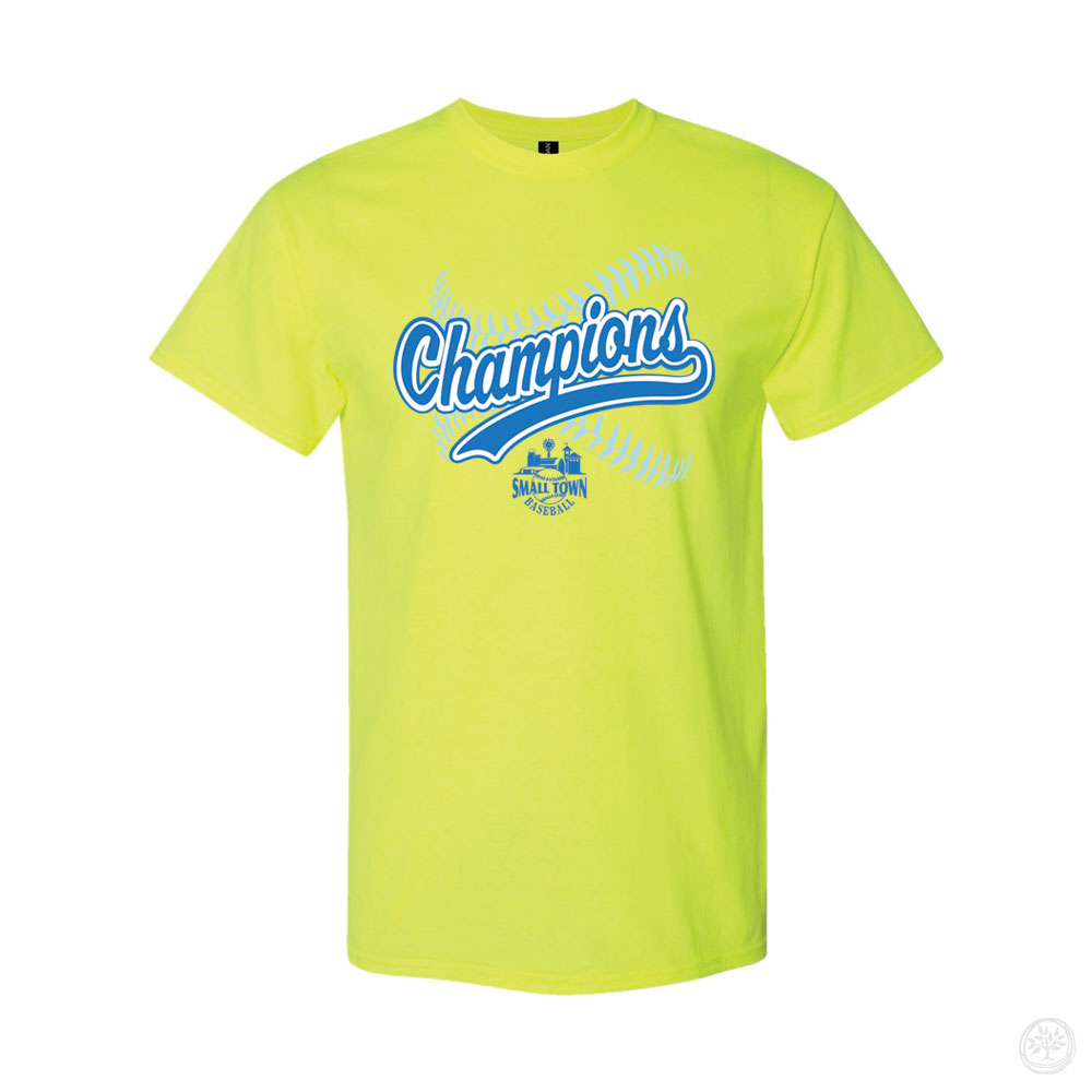 Small Town Champions Tee (Neon Yellow) Alt Text: Bright neon yellow t-shirt with blue and white script text reading “Champions” over a softball stitch background and “Small Town Baseball” logo.