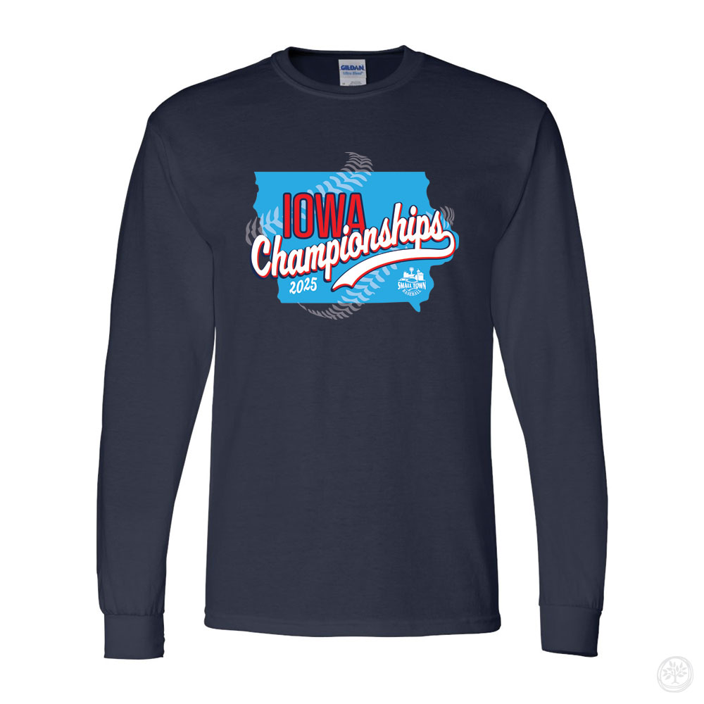 Iowa Championships Tee Navy long-sleeve shirt featuring "IOWA Championships 2025" text with a blue state outline and red and white script. Designed for Small Town Baseball fans.
