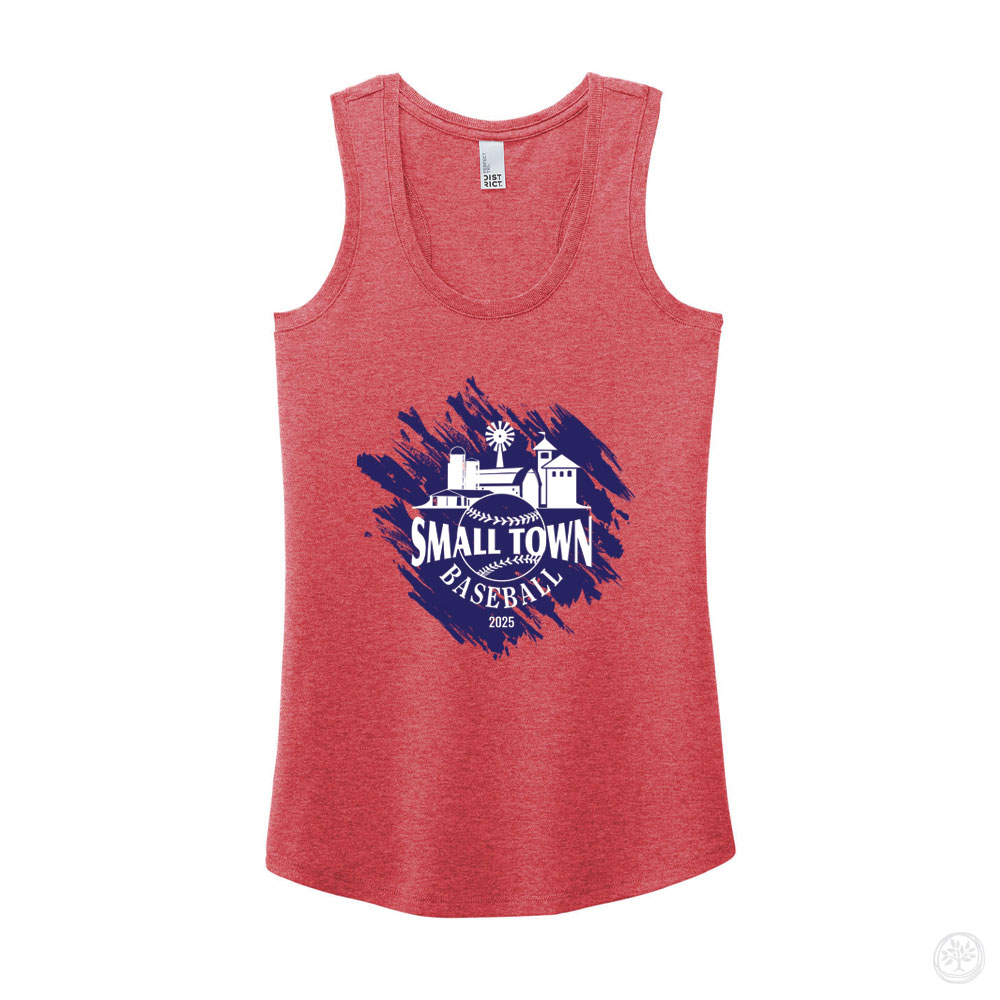 Small Town Baseball Tank Heather red racerback tank top with bold white and navy