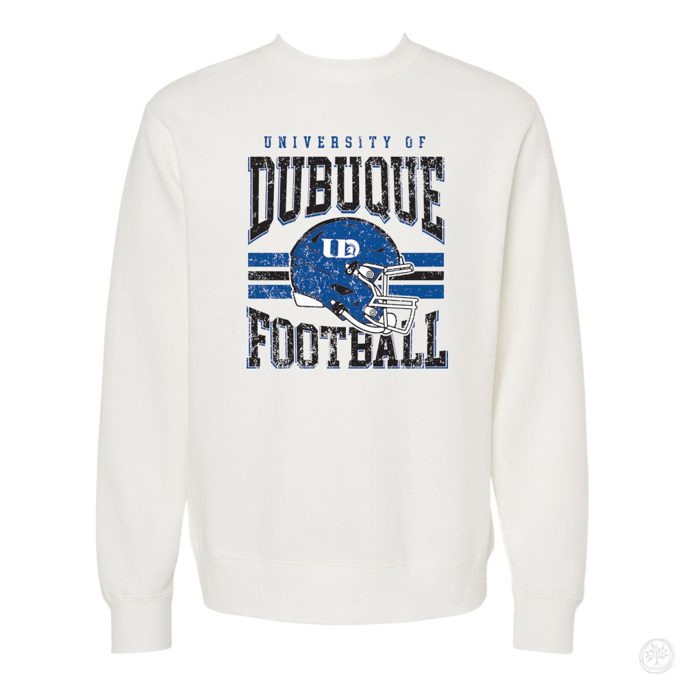 University of Dubuque Football Crew White crewneck sweatshirt with a vintage-style blue football helmet graphic and bold text reading "University of Dubuque Football."