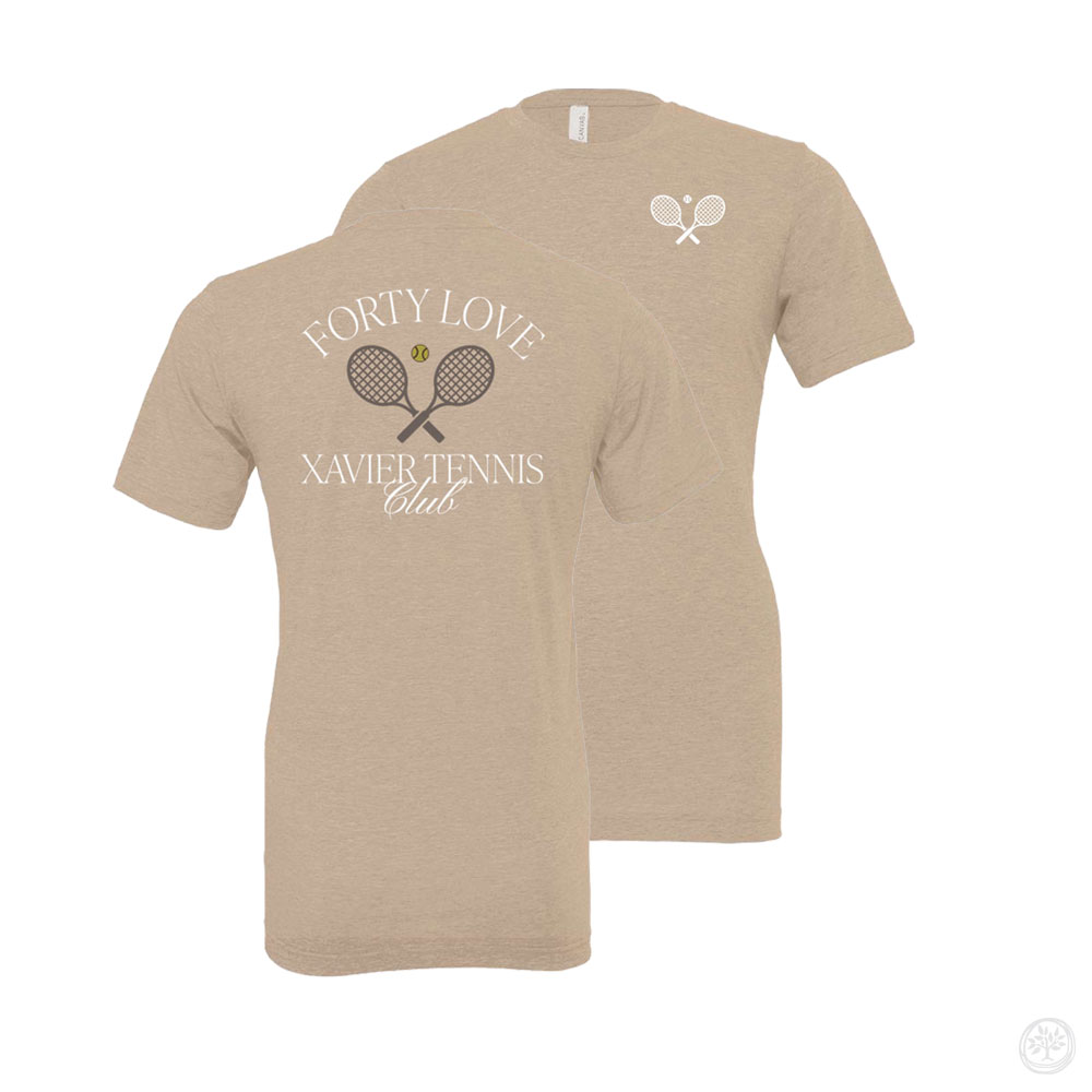 Beige short-sleeve t-shirt featuring "Xavier Tennis Club" and crossed tennis rackets with the phrase "Forty Love" on the back, and a minimalist tennis icon on the front chest.