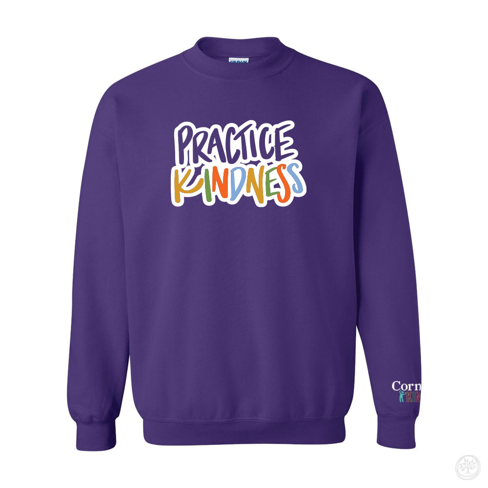 Purple crewneck sweatshirt with bold, colorful lettering that reads “Practice Kindness” in playful font – school or community apparel promoting compassion, inclusivity, and kindness culture.