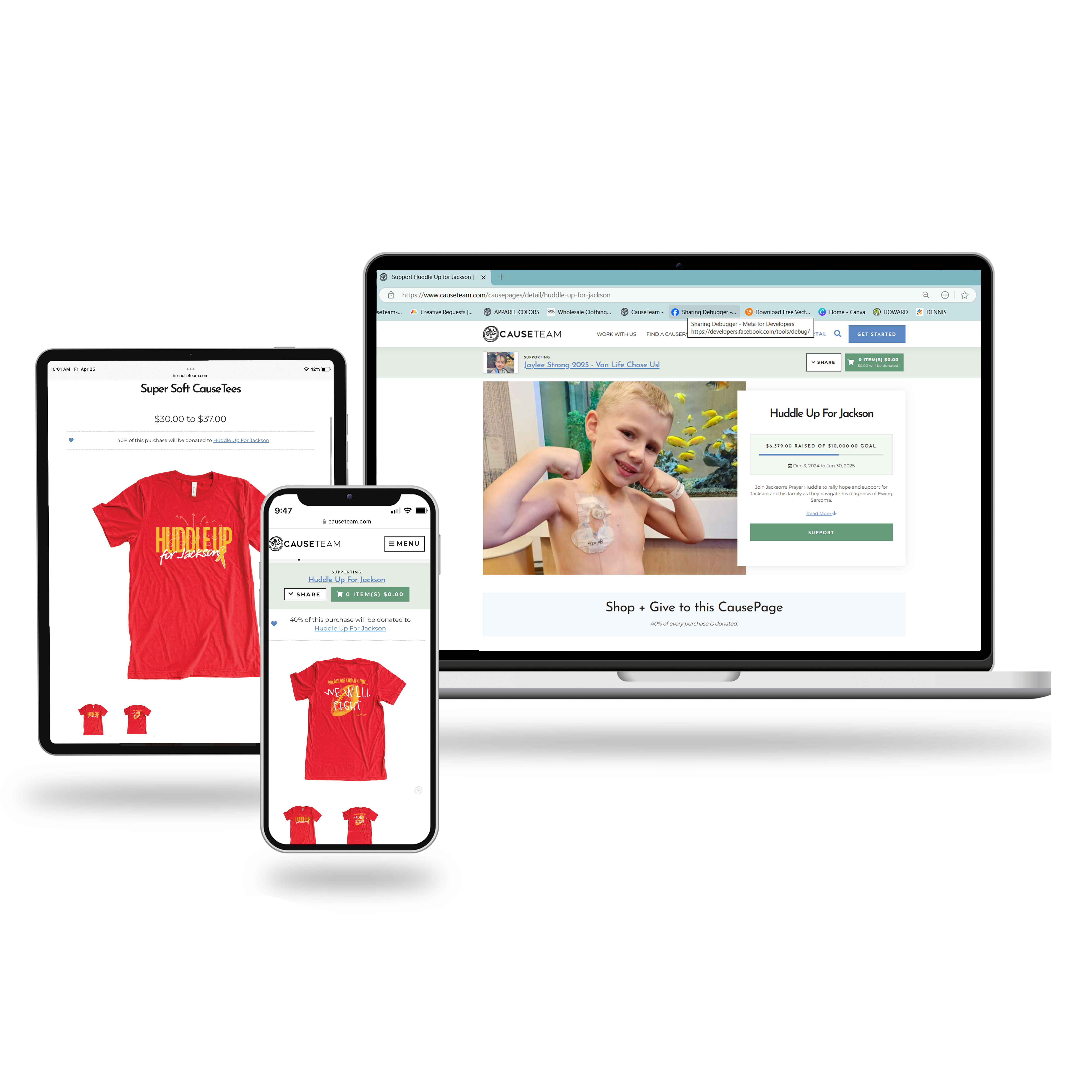 Huddle Up for Jackson CausePage shown on devices with red tees and a young boy flexing, showing how to shop and support.
