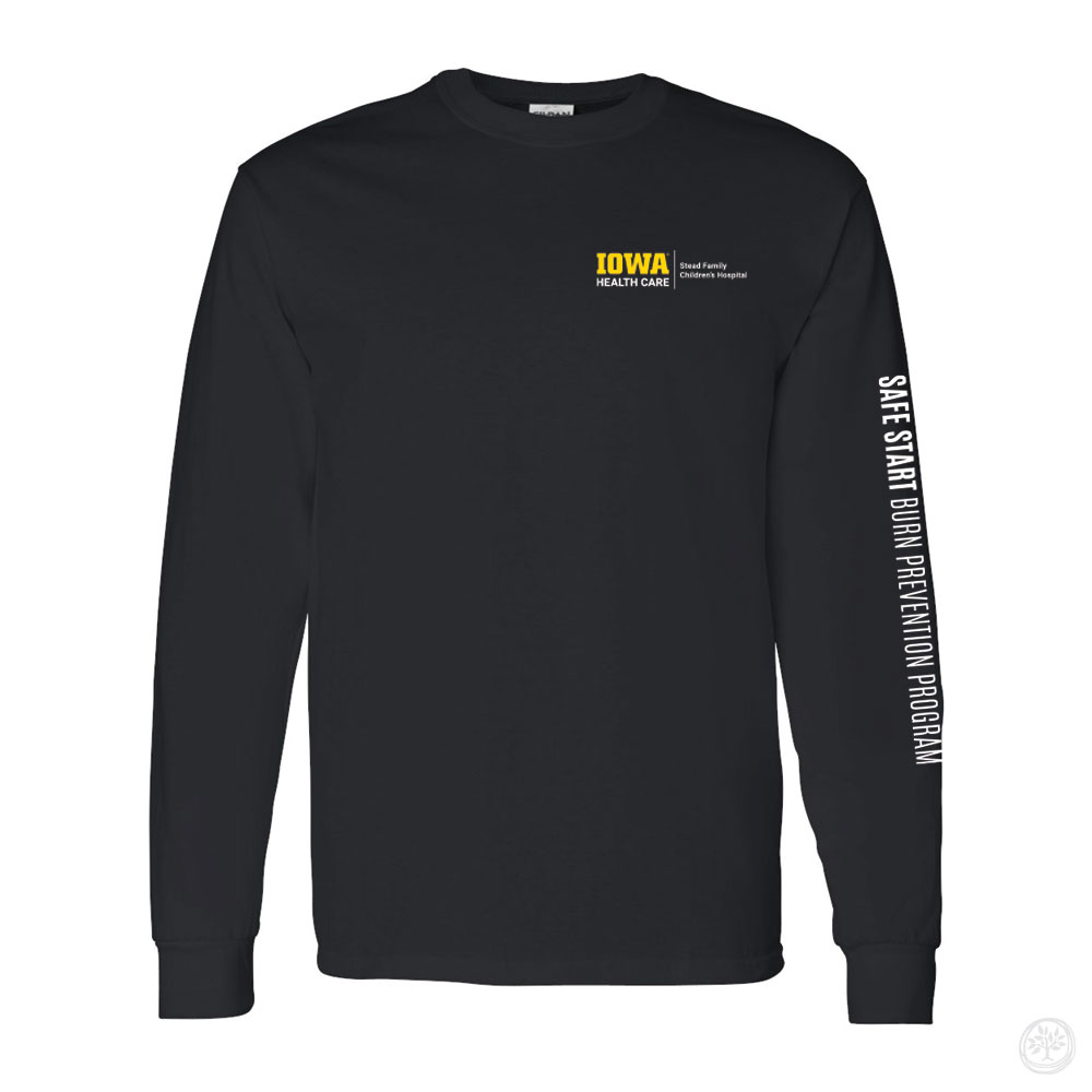 Black long-sleeve t-shirt with the Iowa Health Care Stead Family Children’s Hospital logo in yellow and white on the front left chest, and white text down the right sleeve reading ‘Safe Start Burn Prevention Program.