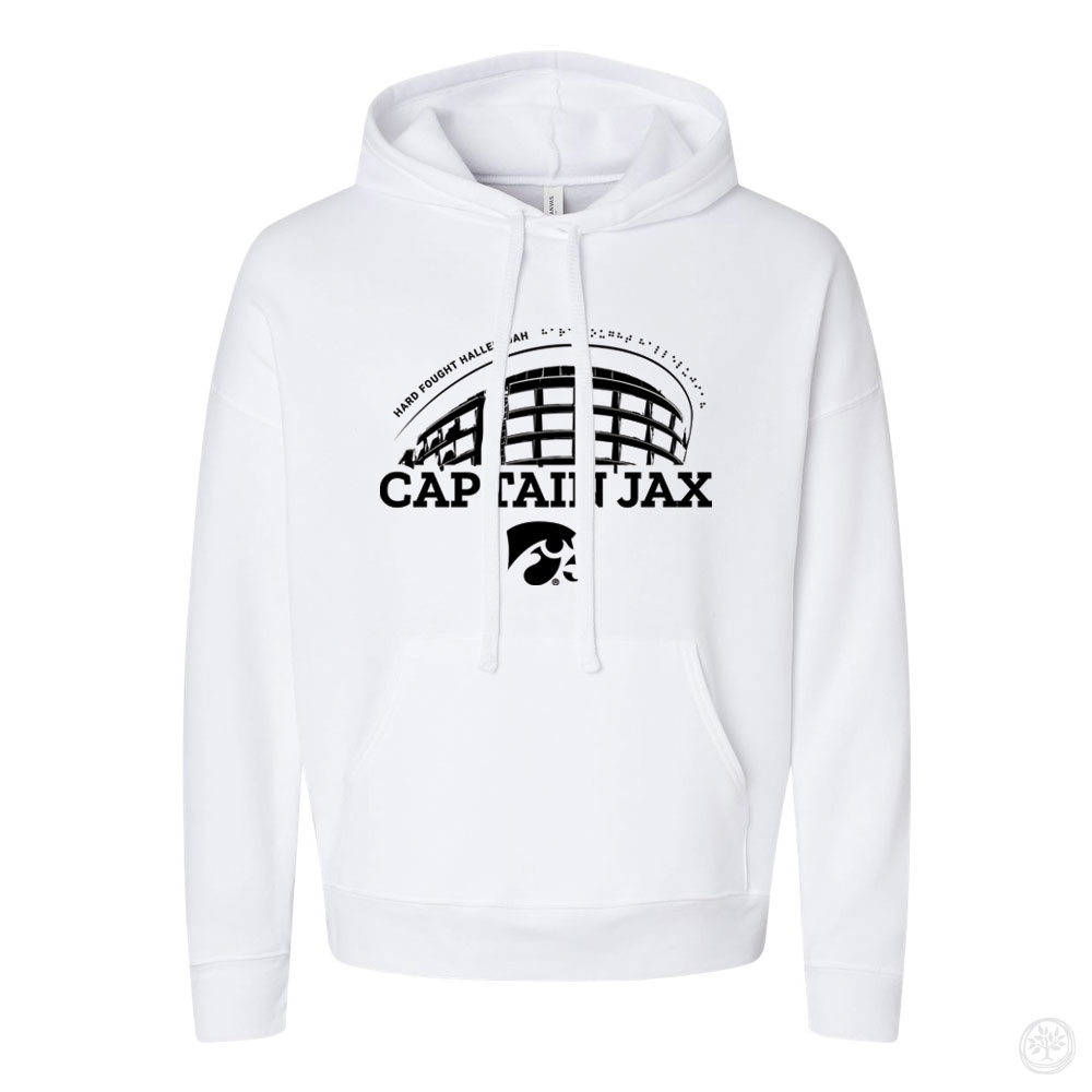 Black hoodie featuring a bold yellow ‘Captain Jax’ design with Kinnick Stadium graphic, the phrase ‘Hard Fought Hallelujah,’ and the Iowa Hawkeyes logo.