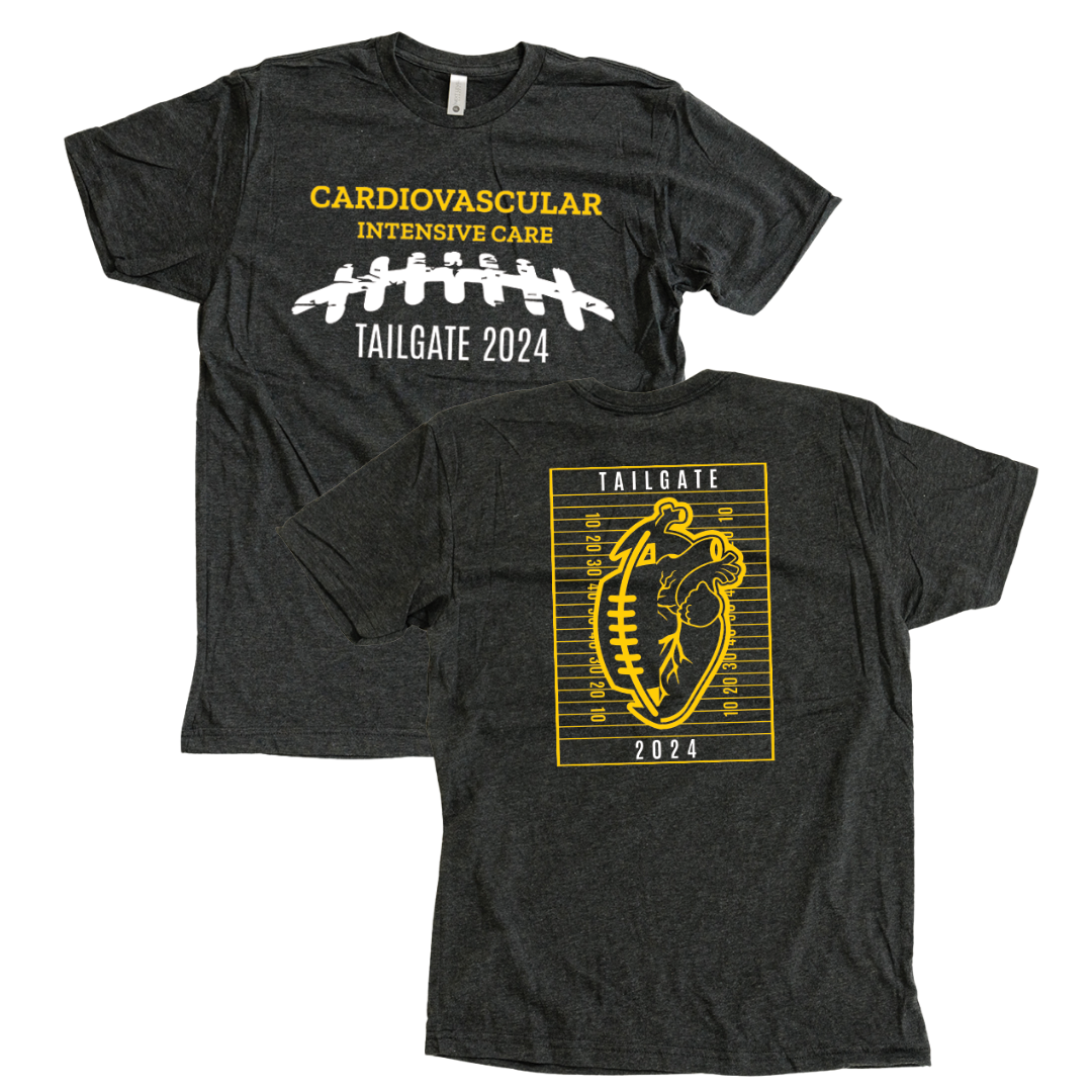 Front and back of custom University of Iowa cardiovascular tailgate t-shirts, featuring football and heart design for 2024 event