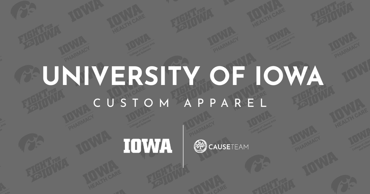 Hero graphic for University of Iowa Custom Apparel by CAUSETEAM, featuring licensed branding for screen printing and embroidery