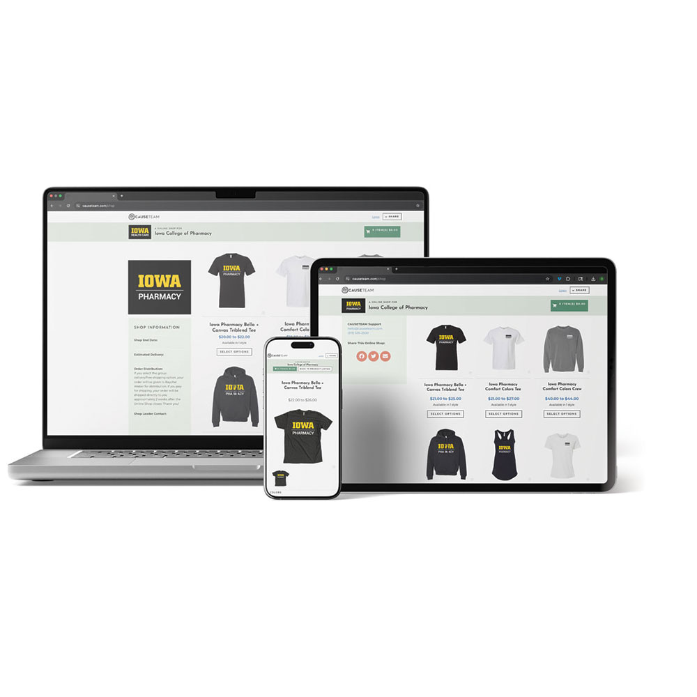Mockup of an online merchandise shop for Iowa College of Pharmacy displayed on a laptop, tablet, and smartphone. The screen shows various apparel options including t-shirts, crewnecks, and tank tops with "IOWA Pharmacy" logos. The website is clean and mob